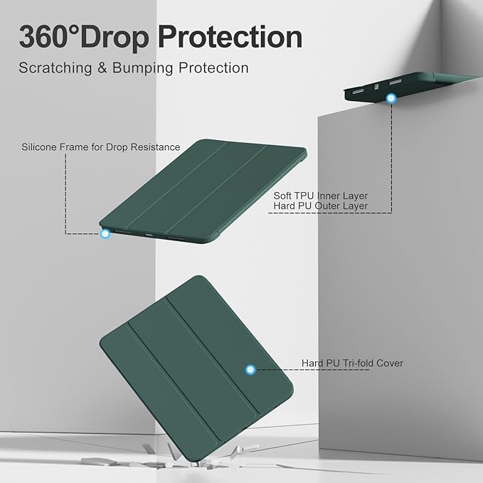 for iPad (A16) 11th Generation Case 11 Inch 2025 for iPad 10th Generation Case 10.9 Inch 2022 with Pencil Holder Smart Trifold Stand Slim Protective Cover Auto Wake/Sleep Dark Green