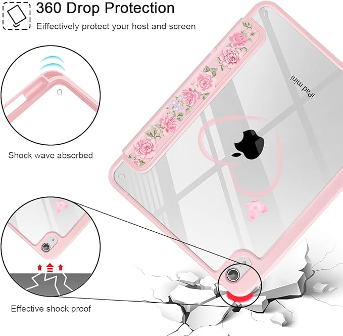May Chen Slim Case for iPad mini 7 (A17 Pro 7th Generation) 2024 / iPad mini 6 (6th Gen) 8.3 Inch [Built-in Pencil Holder] Shockproof Cover Clear Clear Back Shell Auto Wake/Sleep Bow &amp Rose Flo