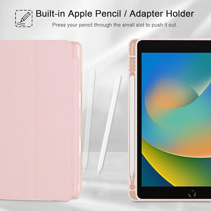 Tuiklol Case for iPad 10.2 Inch 2021 2020 2018 Release 9th / 8th / 7th Generation Built-in Pencil Holder TPU Protective Stand Back Cover Trifold Stand-Auto Wake/Sleep Pink Bows