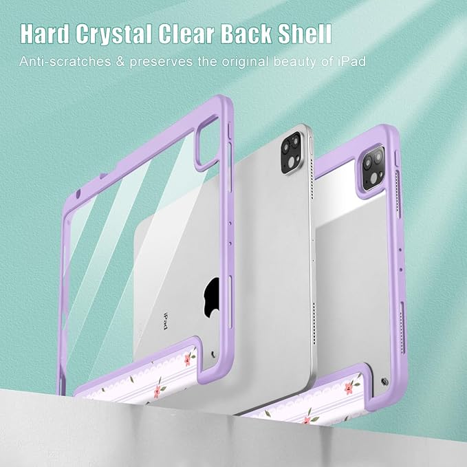 Mektron Case for iPad Pro 11 inch Case M2 2022 Generation 4th Fit 2021 2020 2018 iPad Pro 11 (3rd 2nd &amp 1st Gen) -Buit in Pencil Holder with Shockproof Cover Clear Shell Flowers &amp Adorable
