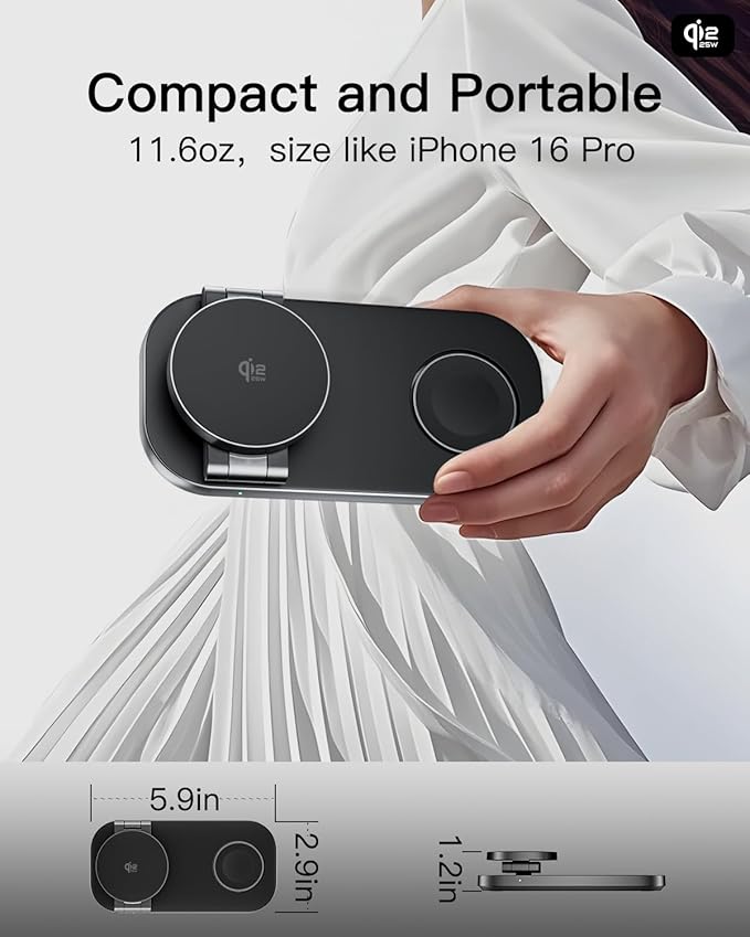 3-in-1 Charging Station for Apple Device Qi2 25W Certified Magnetic Wireless Foldable Fast Charger Stand Compatible with MagSafe for iPhone 17e/17/16/15/14/13/12/Air Series Apple Watch &amp AirPods