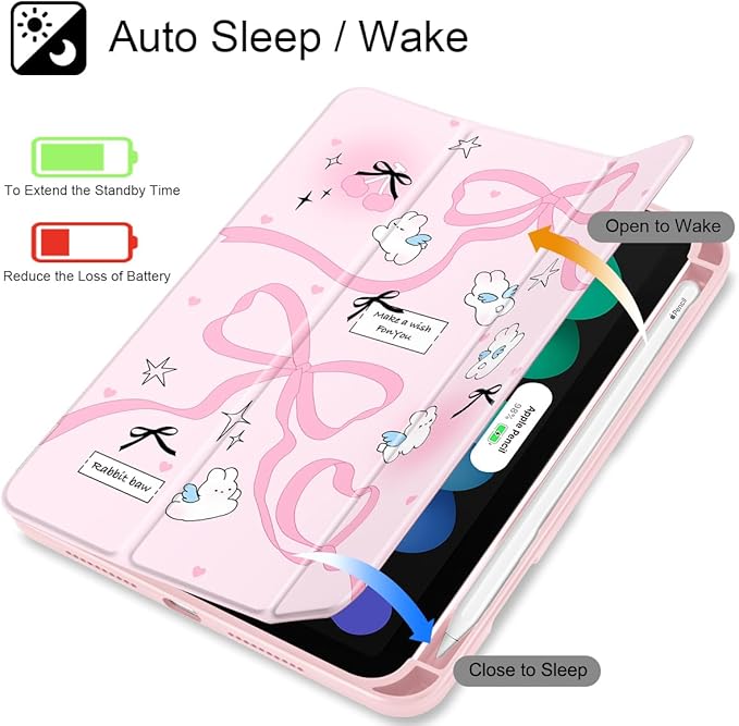 Mektron Printed Case for iPad mini 7 (A17 Pro) 2024/ Mini 6 2021 iPad mini 7th/6th Generation 8.3-inch Liquid Retina Display Cover Buit in Pencil Holder with Clear Back Shell Pink Bows-Rabbits