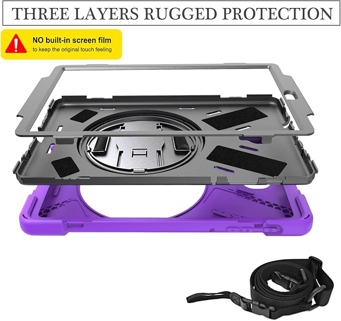 Rugged Case for Samsung Galaxy Tab A 10.5 2018 (SM-T590/T595/T597) Portable Hybrid Shock-Proof Cover with 360° Rotatable Hook&ampLoop HandleShoulder Strap (Purple)