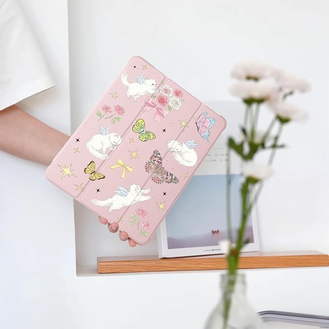 Cute Kawaii Kitten Butterfly for iPad Pro 11 Inch Case (M5/M4) 2025/2024 with Pencil Holder Auto Sleep/Wake Pink Leather Soft TPU Back Cover