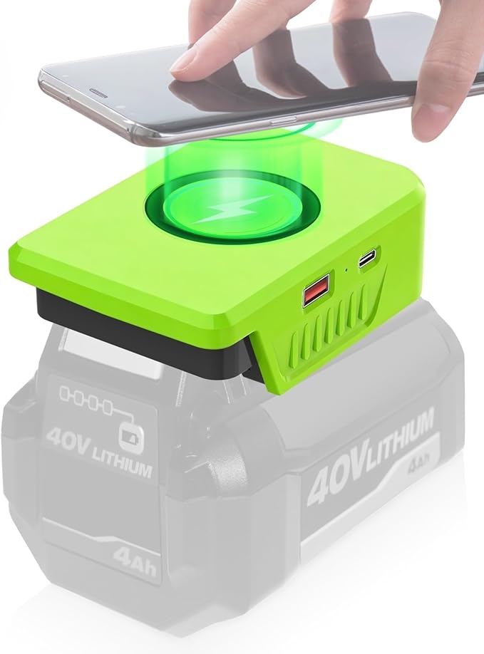 Wireless Charger Adapter for Ryobi 40V Battery OP4030 OP40401 15W Max Wireless Charging with USB &amp Type C Ports Tool Battery to Phone Charger for Camping Workshop