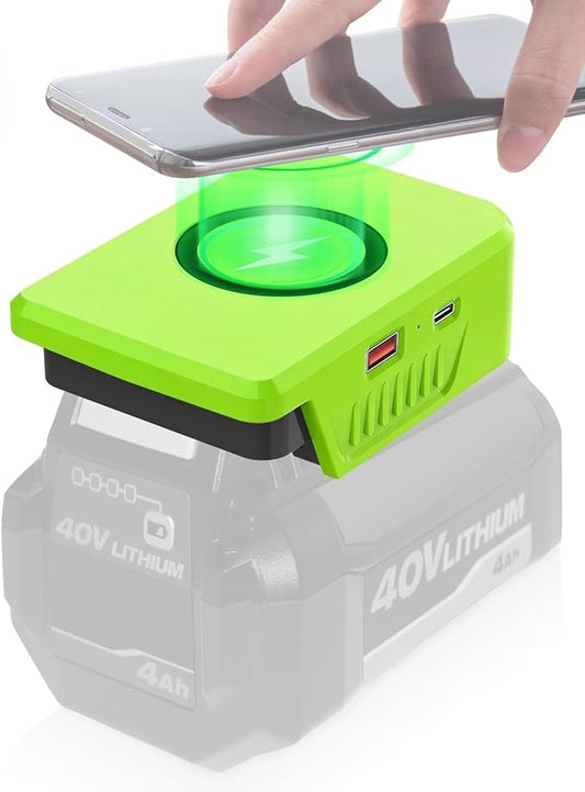 Wireless Charger Adapter for Ryobi 40V Battery OP4030 OP40401 15W Max Wireless Charging with USB &amp Type C Ports Tool Battery to Phone Charger for Camping Workshop