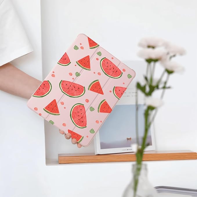Cute Kawaii Watermelon for iPad mini 7 A17 Pro 2024/iPad Mini 6 Case with Pencil Holder Auto Sleep/Wake Pink Leather Soft TPU Back Cover