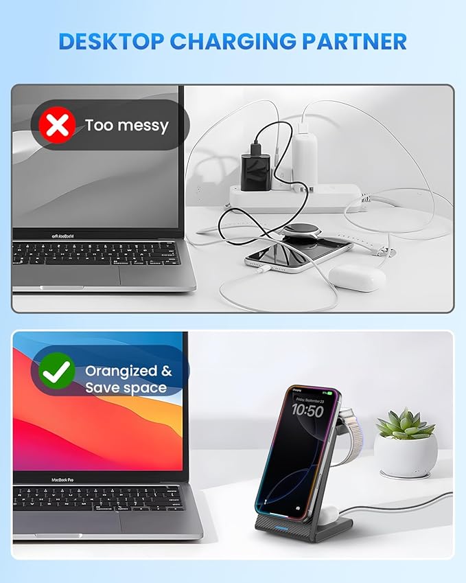 Wireless Charger Magnetic for Apple Devices - JoyGeek 3 in 1 Foldable Charging Station for Magsafe Compatible with iPhone 16 15 14 13 12 Pro Max Plus Apple Watch 10 9 8 7 6 5 4 SE AirPods 4/3/2/Pro