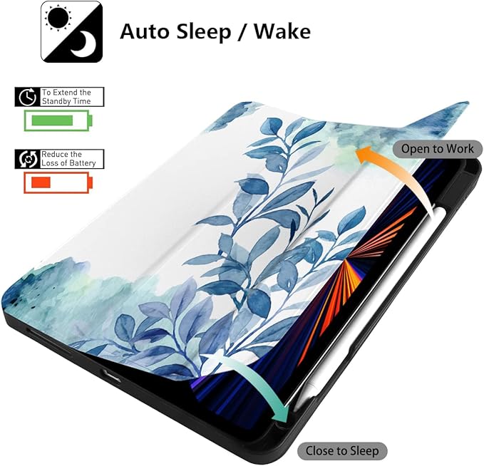DONGKE Case for 2022/2021/2020/2018 iPad Pro 11 inch Gen 4/3/2/1 - Slim Protective Case - Built in Pencil Holder Support Charging - Trifold Stand &amp Sleep/Wake Cover - Watercolor Blue Floral