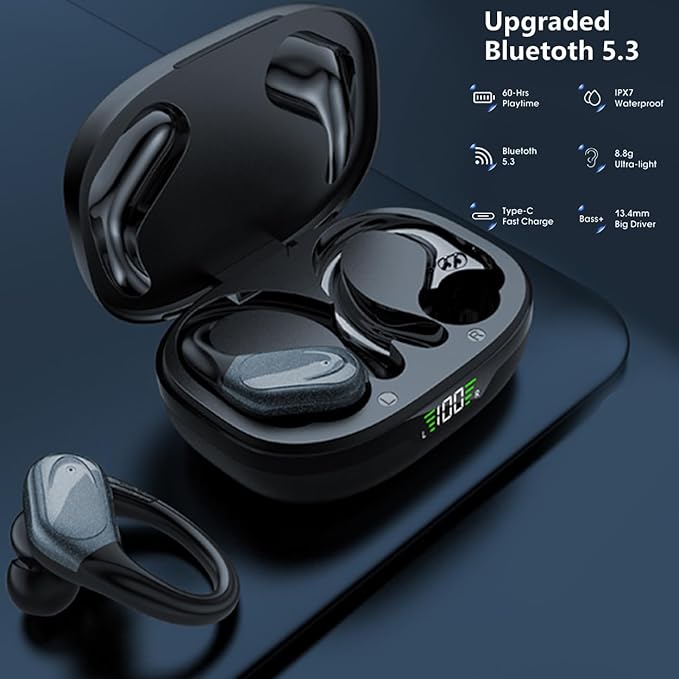 TWS BX 17 Bluetooth 5.3 Wireless Earbuds 48hour Playtime HiFi Headphones Over-Ear Headset Sports IPX7 Waterproof Built-in Microphone Digital Power LED Display Powerful Stereo Bass Earphone (Black)