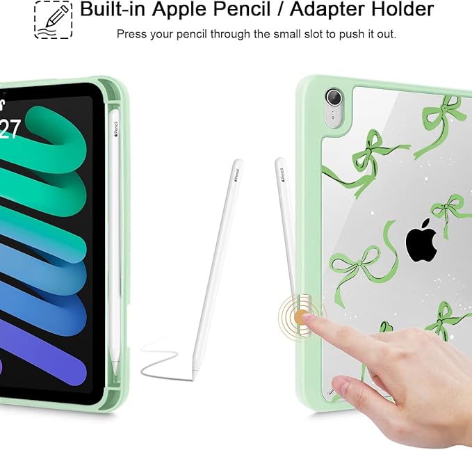 May Chen Slim Case for iPad mini 7 (A17 Pro 7th Generation) 2024 / iPad mini 6 (6th Gen) 8.3 Inch [Built-in Pencil Holder] Shockproof Cover Clear Clear Back Shell Auto Wake/Sleep Green Stars Bow
