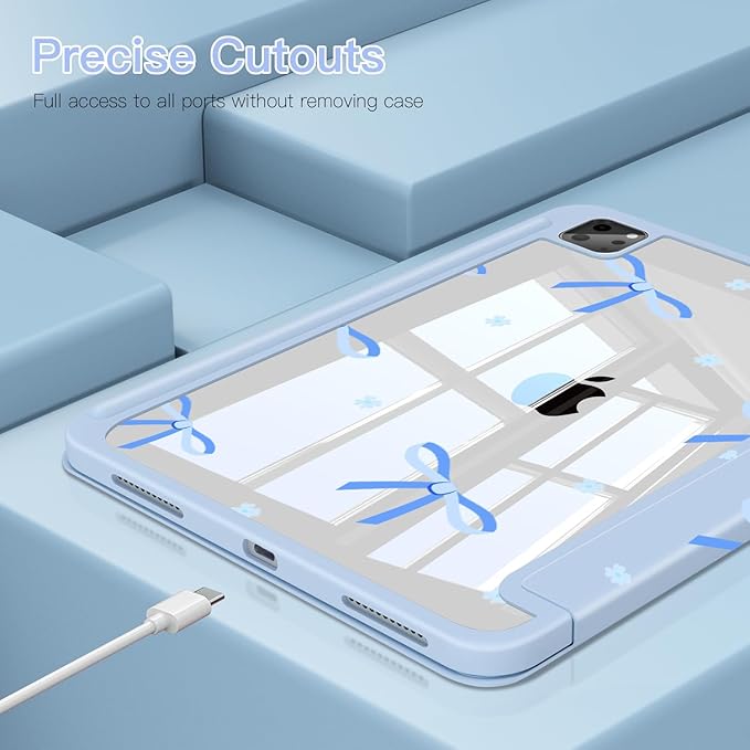 Teryeefi for iPad Air 11-Inch Case M4 M3 M2 (2026 2025 2024) iPad Air 4th/5th Generation iPad Pro 11 in 4th/3rd/2nd/1st Generation - Clear Back Cover with Pencil Holder Auto Wake/Sleep-Blue Bows