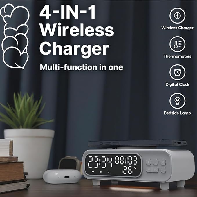 IHAO 5in1 Alarm Clock with Wireless Charging Night Light 15W Fast Charger for Phone and Headphone LED Digital Display with Date &amp Temperature Dimmable for Bedroom &amp Office-D15 Clock White