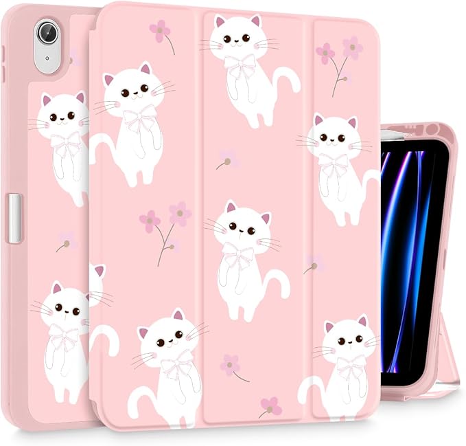 Tuiklol Case for iPad 10.2 Inch 2021 2020 2018 Release 9th / 8th / 7th Generation Built-in Pencil Holder TPU Protective Stand Back Cover Trifold Stand-Auto Wake/Sleep Cat-Pink