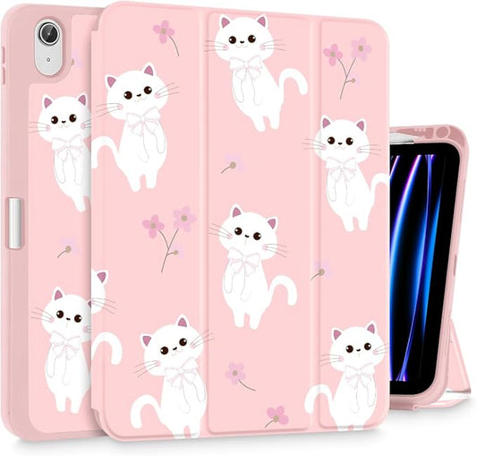 Tuiklol Case for iPad 10.2 Inch 2021 2020 2018 Release 9th / 8th / 7th Generation Built-in Pencil Holder TPU Protective Stand Back Cover Trifold Stand-Auto Wake/Sleep Cat-Pink