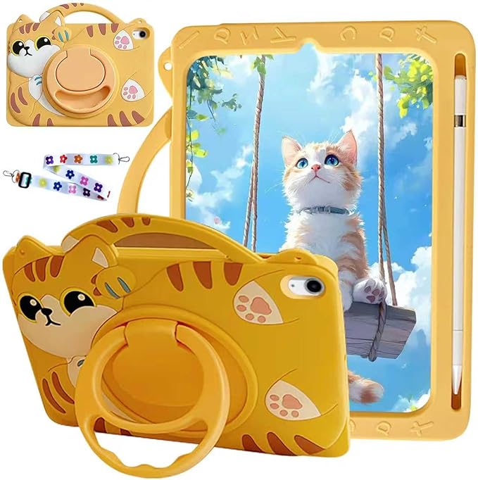 Case for iPad 9th Generation (2021) / 8th Generation (2020) / 7th Gen (2019) 10.2 Inch Full-Body Shockproof Kids Case for Pencil Holder &amp Adjustable Shoulder Strap Orange Cat