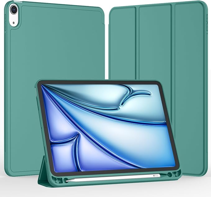 iMieet iPad Air 11 Inch Case M4/M3/M2(2026/2025/2024) iPad Air 5th/4th Generation Case 2022/2020 10.9 Inch with Pencil HolderTrifold Stand Smart Case with Soft TPU Back(Forest Green)