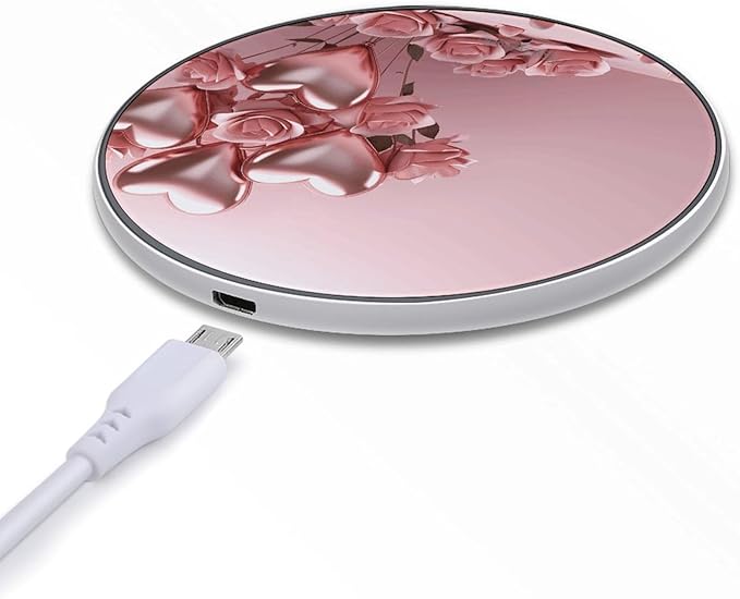 Pink Rose Balloon Heart Wireless Charger Fast Wireless Charging Pad with USB Cable 10W Anti-Slip Magnetic Wireless Charger Portable Slim Charger Puck Travel Charging Station