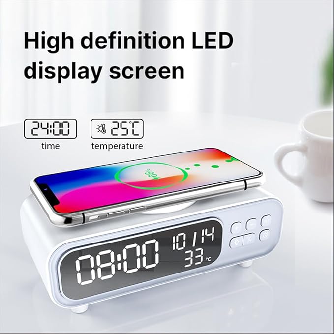 IHAO 5in1 Alarm Clock with Wireless Charging Night Light 15W Fast Charger for Phone and Headphone LED Digital Display with Date &amp Temperature Dimmable for Bedroom &amp Office-D15 Clock White