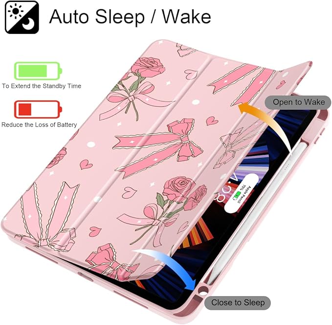 Tuiklol Case for iPad Pro 12.9 Inch M2 Case 2022 2021 2020 2018 Generation 6th/5th/4th/3rdBuilt-in Pencil 2nd Holder Clear Transparent Protective Back Shell Cover Bow &amp Rose