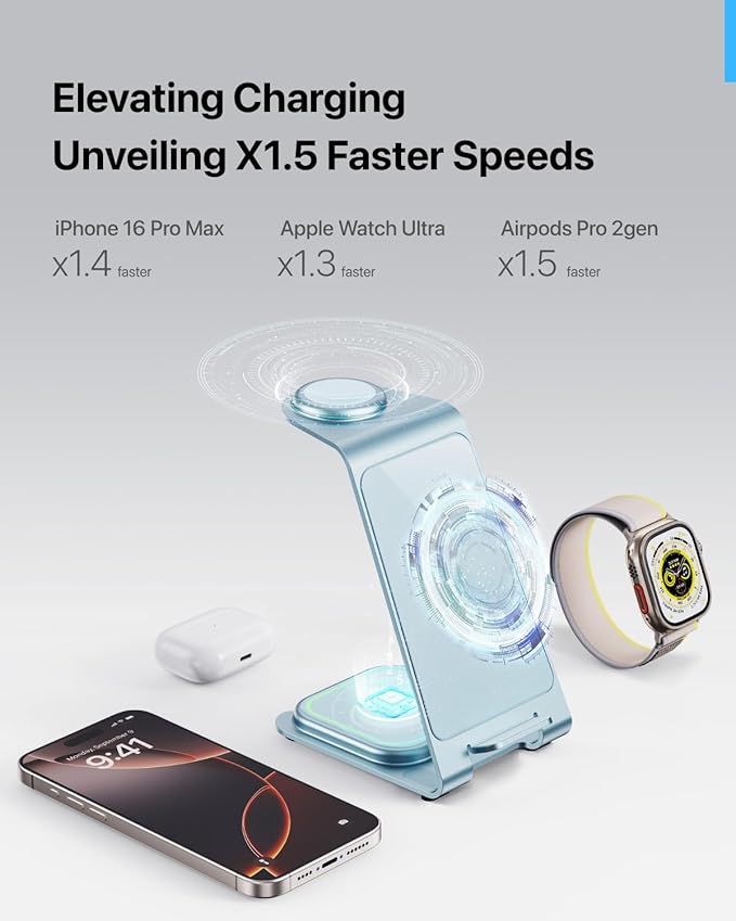 Intoval 3 in 1 Wireless Charging Station for iPhone 17 16 15 14 13 12 11 Pro Max X XS XR Aluminum Unibody Wireless Charger for Apple Watch 11 10 9 8 7 Ultra SE 3 2 for AirPods 4 Pro 2 3 (Blue)