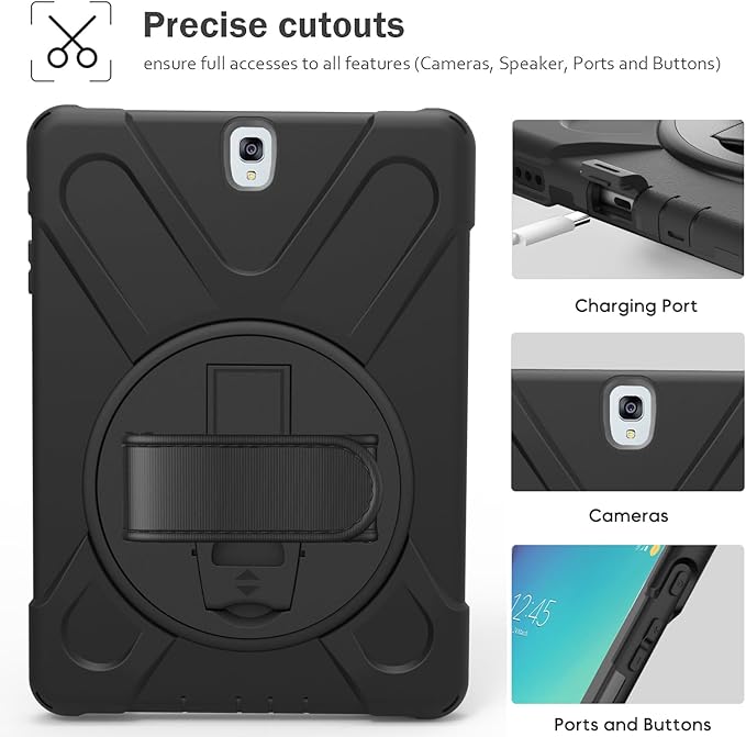 DreamerX for Samsung Galaxy Tab S3 9.7 Case T820/T825/T827 Heavy Duty Rugged Full Body Drop Protective Silicone Cover for Kids with Rotating Stand Handle Hand Strap Carrying Shoulder Strap Black