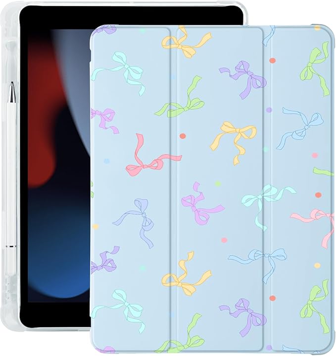 Cute Kawaii Colorful Bow for iPad Pro 13 Inch Case (M5/M4) 2025/2024 with Pencil Holder Auto Sleep/Wake Blue Leather Soft TPU Back Cover