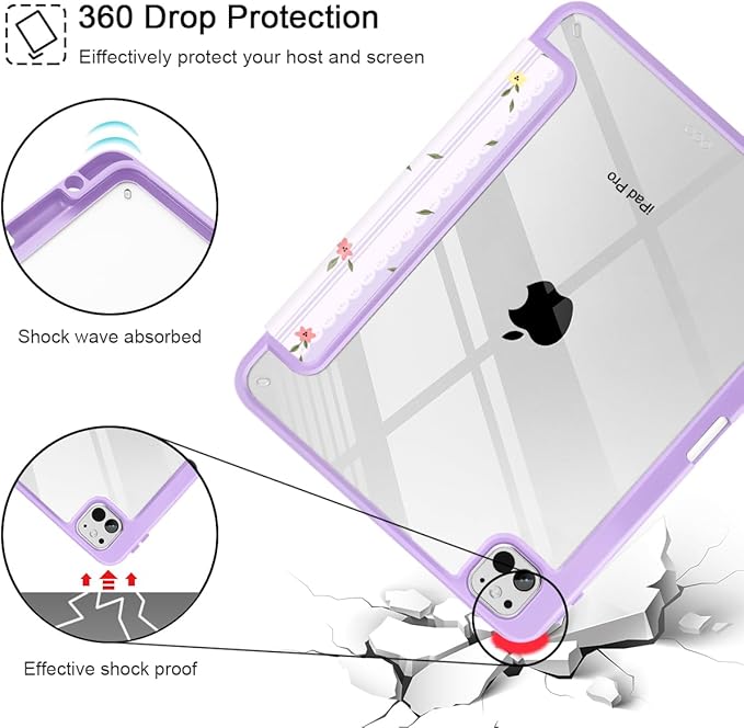 Mektron Case for M5/ M4 iPad Pro 11 inch 2025/2024 with Pencil Holder Compatible Models: A3357/A3358/A3359/A2836/A2837/A3006 Shockproof Cover Clear Shell Flowers &amp Adorable Lace