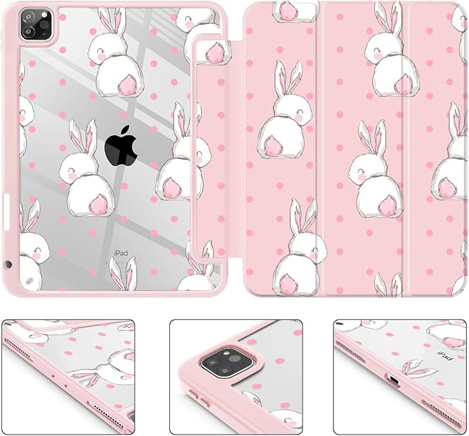 May Chen for iPad Pro 11 inch M2 4th Generation 2022 iPad Pro 11 3rd/2nd/1st Gen Built-in Pencil Holder with Shockproof Cover Clear Transparent Back Shell Auto Wake/Sleep Cute Rabbit