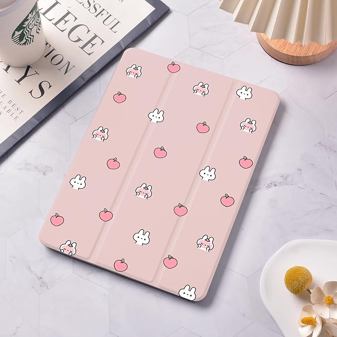 Cute Peach Bunny Case for iPad Pro 6th/5th/4th/3rd Generation(2022/2021/2020/2018) 12.9 Inch with Pencil Holder Trifold Stand Pink Leather Girly Cover Clear Back Shell Auto Wake/Sleep
