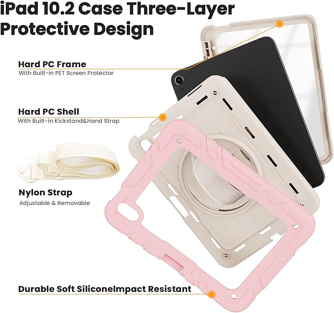 Case for iPad 10th Generation 10.9inch 2022with Built-in Screen Protector and KickstandHand StrapShoulder Strap for New Apple iPad 10.9 Inch(Pink/Beige)