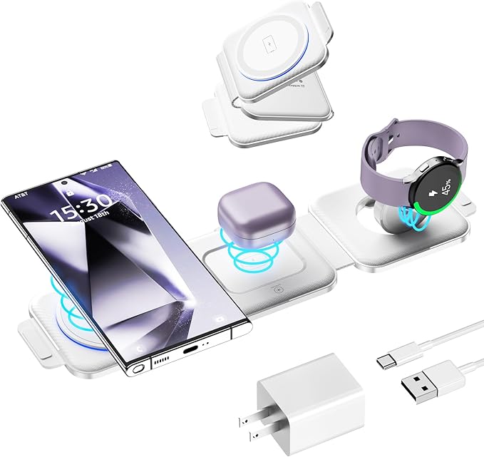 Multi Travel Charger for Samsung Foldable Wireless Watch Charger for Galaxy Watch Ultra/7/6/5 Pro/Active 2 Fast Pocket Charging Pad for S25/S24/S23/S22 (+/Ultra)/Note20 for Buds3 Pro(Pearly)