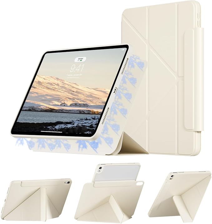 KENKE Case for iPad Air 11-Inch M4/M3/M2 (2026/2025/2024) iPad Air 10.9-Inch 5th/4th Generation(2022/2020) with Pencil Holder 3+Y-Stand Magnetic Removable 360° Rotating Clear Back Cover White Cream