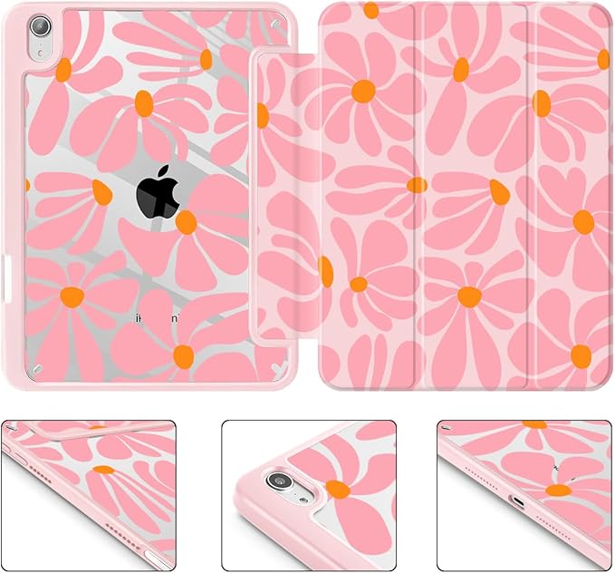 May Chen Slim Case for iPad mini 7 (A17 Pro 7th Generation) 2024 / iPad mini 6 (6th Gen) 8.3 Inch [Built-in Pencil Holder] Shockproof Cover Clear Clear Back Shell Auto Wake/Sleep Groovy Flower