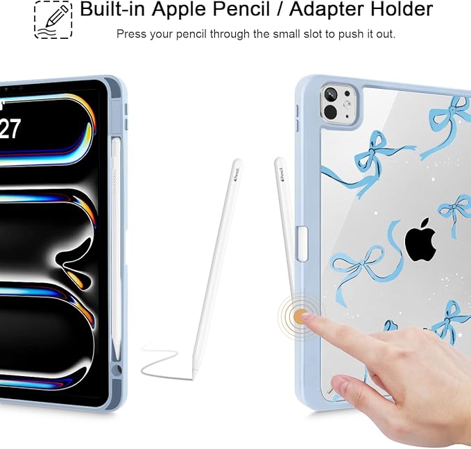 May Chen Case for iPad Pro 11-Inch M5/M4 2025/2024 (6th/5th Generation) Clear Transparent Print Back Shell Slim Stand Shockproof Tablet Cover Auto Wake/Sleep Bows Blue