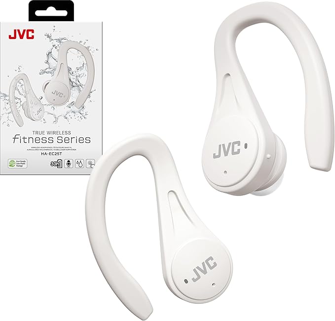 JVC Sport True Wireless Earbuds Headphones Lightweight and Compact Long Battery Life (up to 30 Hours) Sound with Neodymium Magnet Driver Water Resistance (IPX5) - HAEC25TW (White)