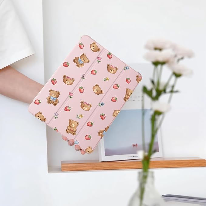 Cute Kawaii Bear Strawberry for iPad Air 3 Case with Pencil Holder Auto Sleep/Wake Pink Leather Soft TPU Back Cover for iPad Pro 10.5 Inch 2017