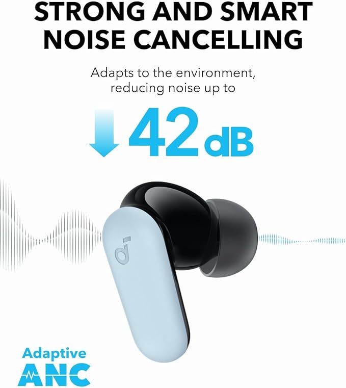 Soundcore P30i by Anker Noise Cancelling Earbuds Strong and Smart Noise Cancelling Powerful Bass 45H Playtime 2-in-1 Case and Phone Stand IP54 Wireless Earbuds Bluetooth 5.4 (Blue)