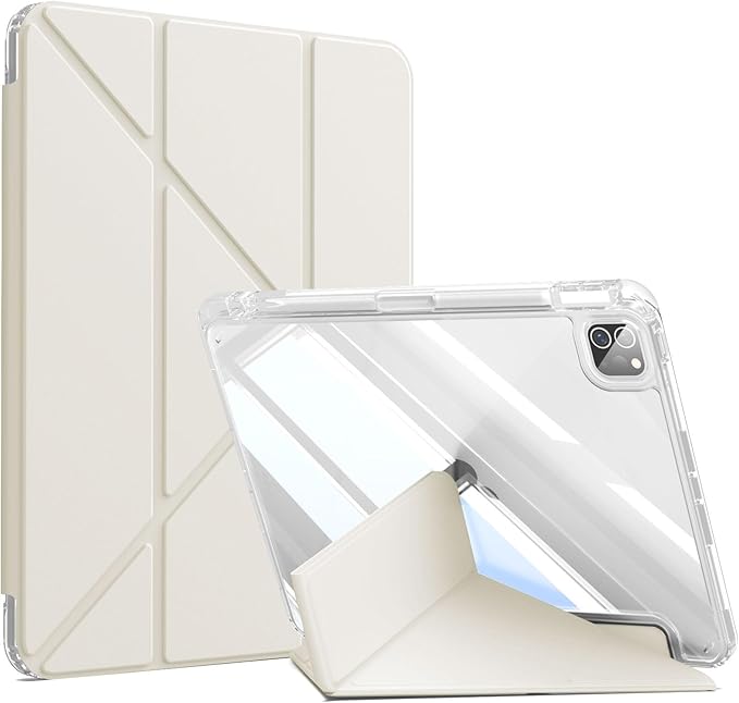 kenke Case for iPad Air 13 Inch (M3 2025/M2 2024) iPad Pro 12.9 Inch 6th/5th Generation (2022/2021) with Pencil Holder Y Folding Stand Cover with Hard Clear PC Back Support Touch ID Cream White