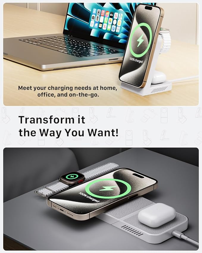 3-in-1 Fast Wireless Charging Station Multiple Devices MagFree Transform 15W Magnetic Travel Charger Stand for iPhone 16/15/14/13/12 5W Apple Watch Fast Charger AirPods - 30W USB-C Charger Included