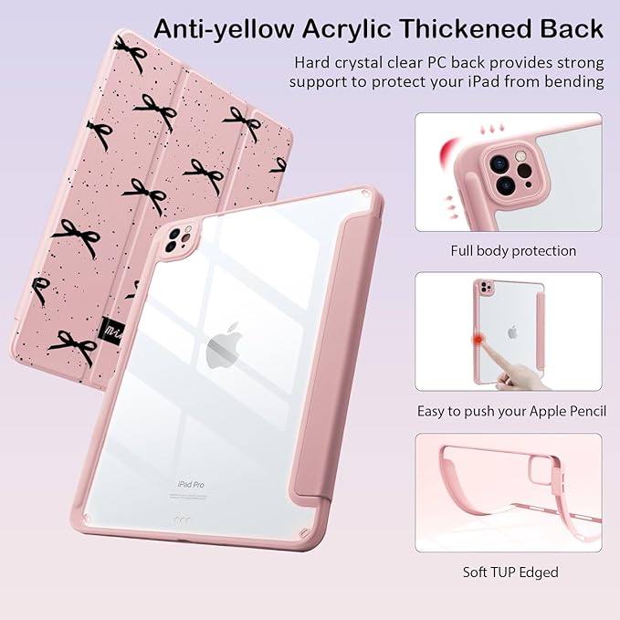 Cute Black Bow for iPad Air 13 Inch Case M3 2025/M2 2024 with Pencil Holder Auto Sleep/Wake Pink Leather Clear Acrylic Back Cover