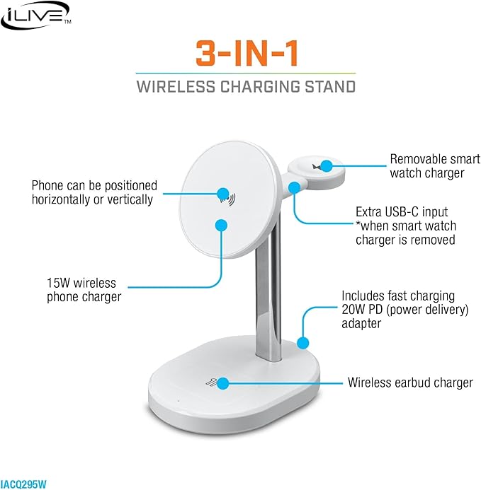 iLive Electronics 3-in-1 Wireless Charging Stand IACQ295W