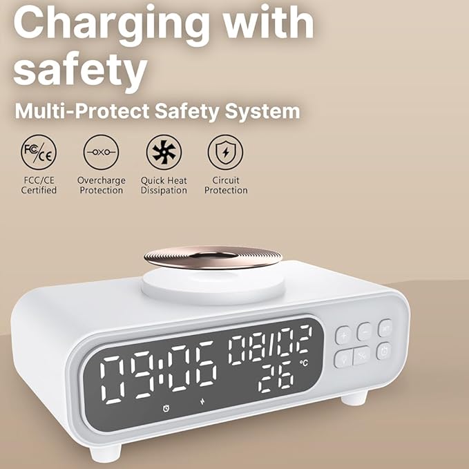 IHAO 5in1 Alarm Clock with Wireless Charging Night Light 15W Fast Charger for Phone and Headphone LED Digital Display with Date &amp Temperature Dimmable for Bedroom &amp Office-D15 Clock White