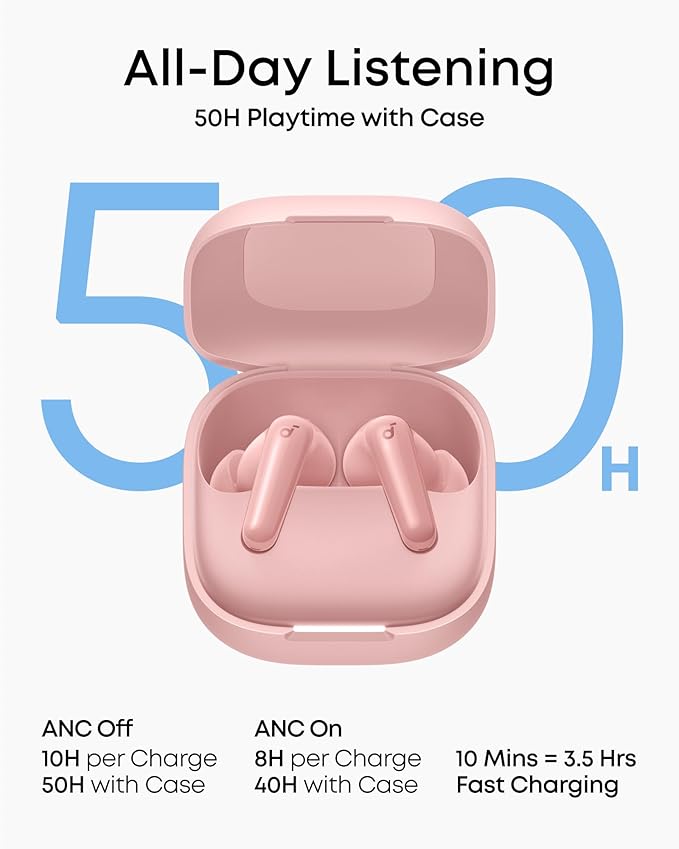 Soundcore P31i by Anker Real-Time Adaptive Noise Cancelling Hi-Res Sound Translation Earbuds 50H Playtime Wireless Earbuds Bluetooth Earphones Spatial Audio Fast Charging IP55 (Pink)