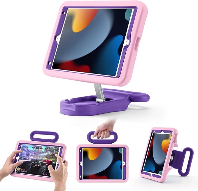 Kids Case for iPad 7th/8th/9th Gen 10.2 inchAdjustable Portrait/Landscape Stand//Drop Proof with Handle/KickstandChild Friendly Protective Cover for iPad 10.2 2021/2020/2019 (PinkPurple)