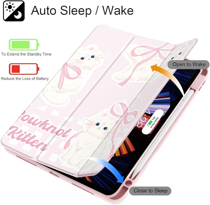 May Chen Case for iPad Pro 11-Inch M5/M4 2025/2024 (6th/5th Generation) Clear Transparent Print Back Shell Slim Stand Shockproof Tablet Cover Auto Wake/Sleep Bowknot Kitten