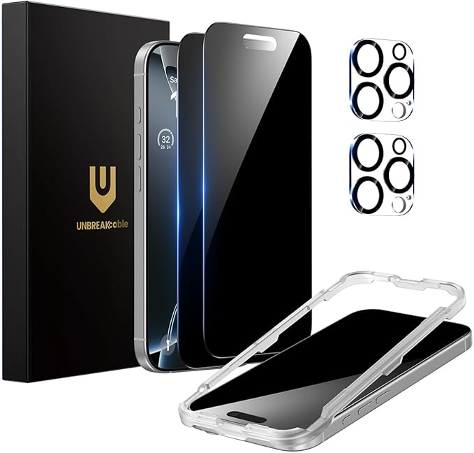 UNBREAKcable Privacy Screen Protector for iPhone 16 Pro Max (6.9-Inch) 2-Pack + 2 Lens Protectors｜25° Anti-Spy｜9H Hardness｜Anti-Fingerprint｜HD Clarity Tempered Glass