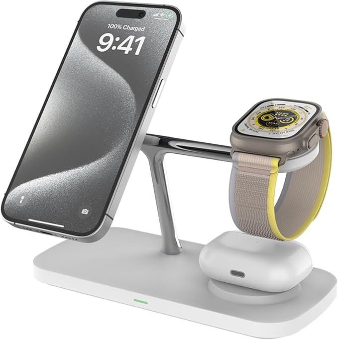 B0D8VYKY3B：Wireless Charging Station3 in 1 Charging StationWireless Charger Stand for iPhone 16/15/14/13 SeriesWatch Airpods Magnetic Wireless Charger StandAdjustable Angle Travel Charger (WHITE)