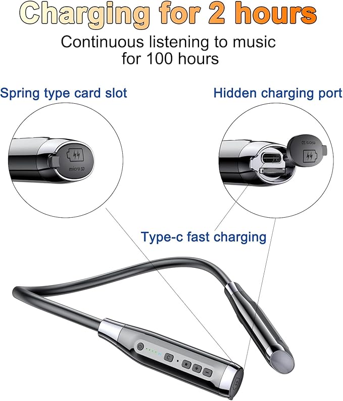 Neckband Bluetooth Headphones6.0 Bluetooth 120 Hours PlaytimeIPX7 Sports Waterproof Earbuds with Microphone Noise Cancelling with TF Card Slot HiFi Stereo (Black)