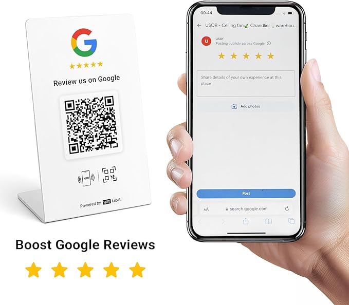 HotLabel Review Stand 1-Pack + Bonus Review Tap Card 1-Pack + For Boosting Business Reviews + White + NFC Tap &amp QR Code + Supports 2 Different Stores or Same + No App/No Subscription